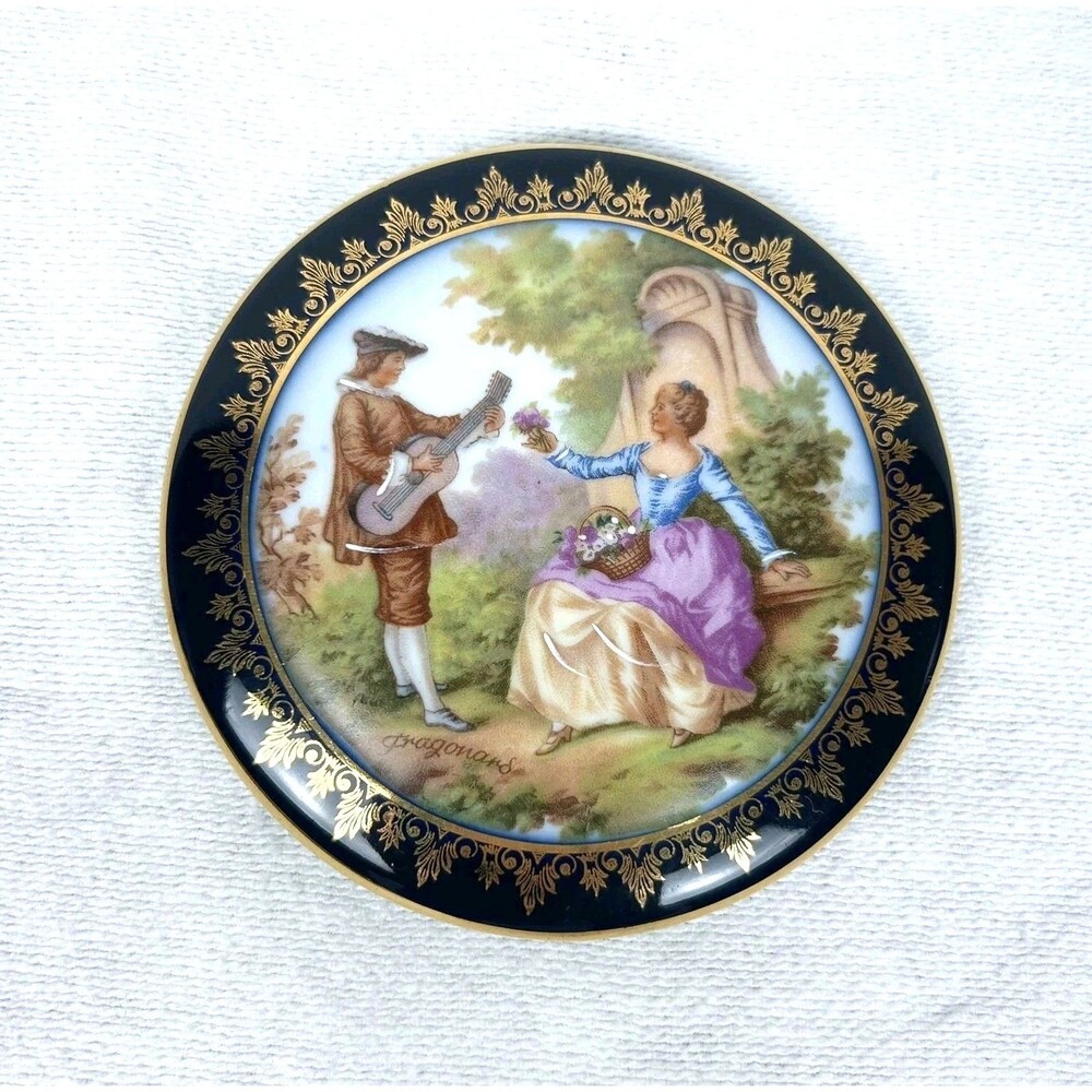 Vintage Limoges France Cobalt Blue Footed Trinket Box Fragonard Gout de Ville.